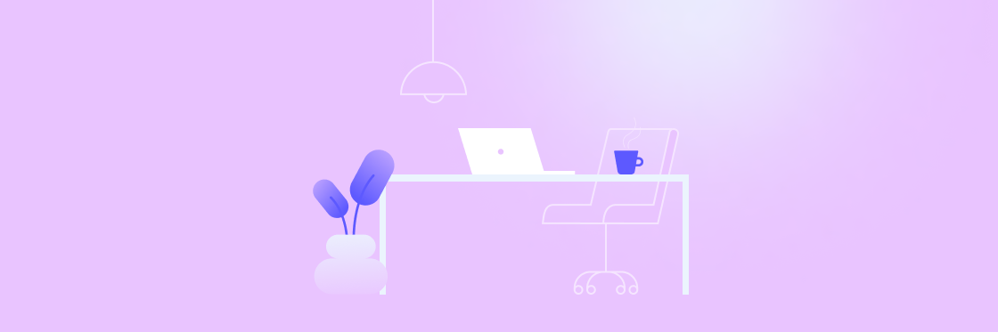 19 home office ideas that put your remote work life on track A minimalist home office setup with a laptop on a white desk, accompanied by a plant, under a hanging light.