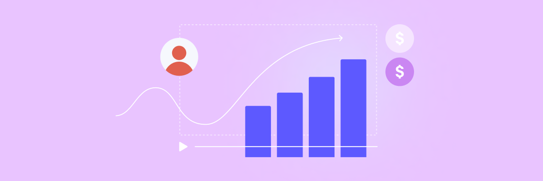 Sales training with video An illustration of a growth trend in a business context, depicting a rising bar graph, a user icon, and currency symbols, suggesting user growth and financial success.