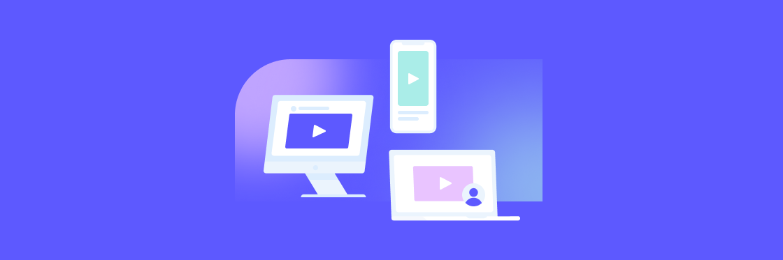 Async video updates Digital devices with play icons symbolizing multimedia content across different platforms.