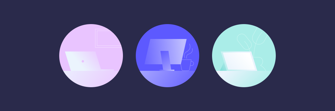 Engaging your sales team from a distance Three circular icons depicting different models of computers in a gradient color scheme.