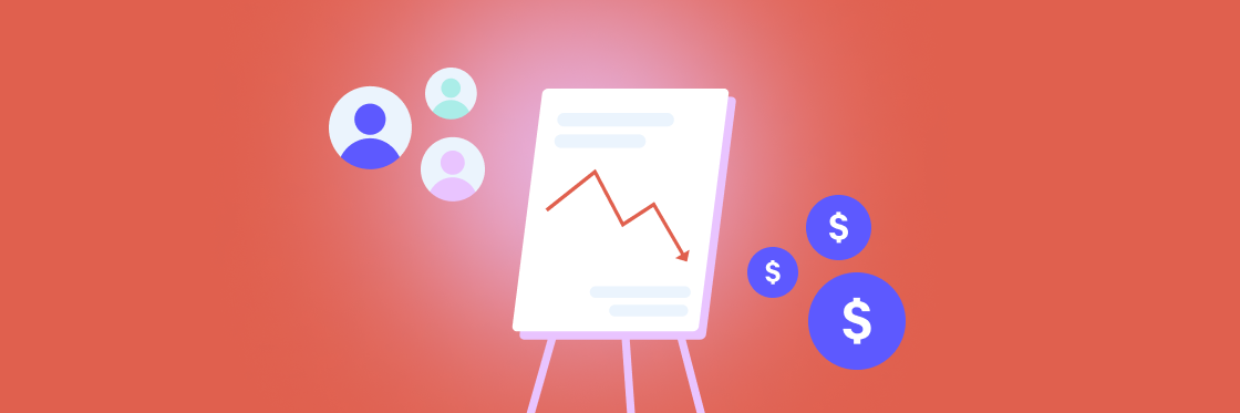 A flip chart with a declining graph, flanked by user avatars and dollar symbols, against a salmon-colored background.