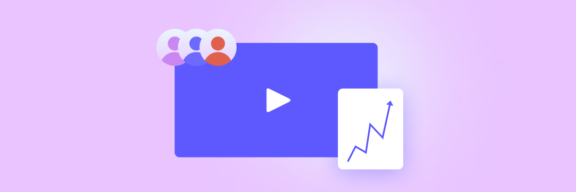 How to create compelling sales videos Graphic of a video player icon with user avatars and a growth chart, possibly representing the increase in video engagement or audience growth.