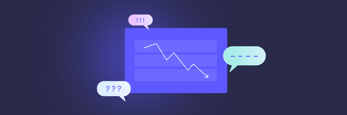 Poor internal communication is killing your sales performance A graphic illustration showing a stylized line chart with a downward trend and speech bubbles containing a question mark and exclamation points, suggesting a discussion or reaction to the displayed data.