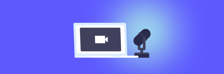 Digital content creation concept with computer monitor displaying play button and microphone.