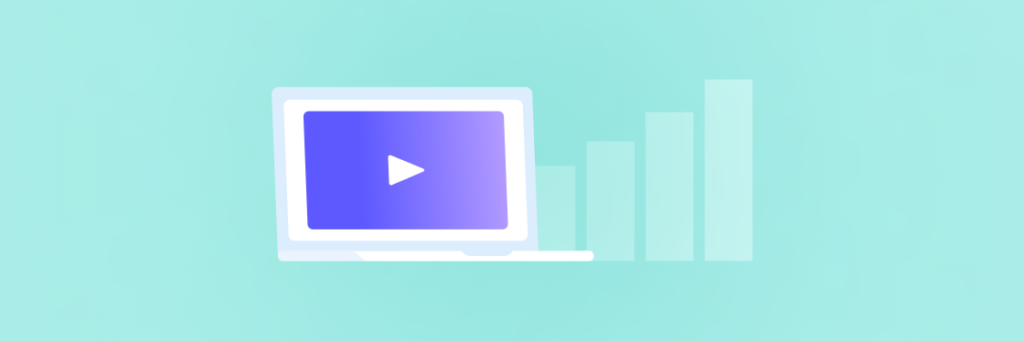 A digital illustration of a laptop screen displaying a play button, symbolizing video content, with bar graphs at the side indicating growth or progress.