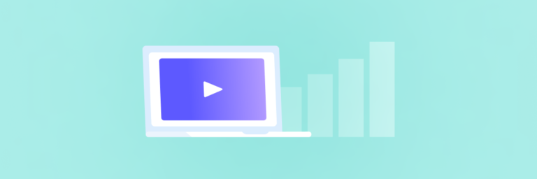 A digital illustration of a laptop screen displaying a play button, symbolizing video content, with bar graphs at the side indicating growth or progress.
