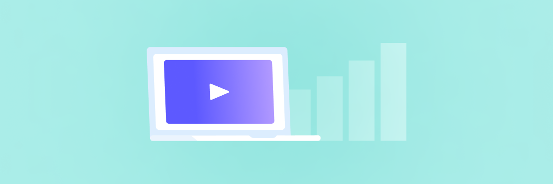 Video and sales enablement A how-to guide A digital illustration of a laptop screen displaying a play button, symbolizing video content, with bar graphs at the side indicating growth or progress.