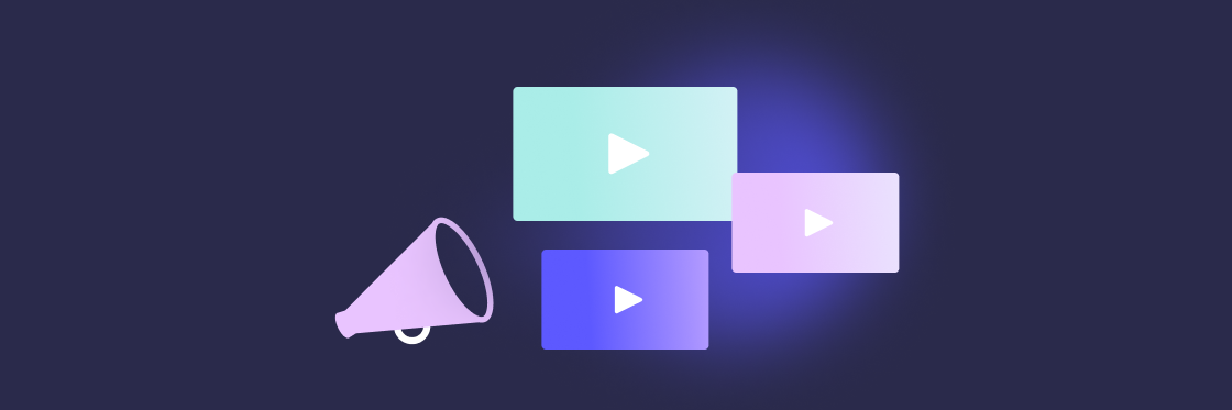 8 ways to use video for impactful internal communication Promotional graphics with a megaphone and play button icons, suggesting video marketing or advertising content.