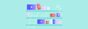 Abstract illustration of colorful play buttons with hearts on a mint green background, symbolizing social media or video content popularity.
