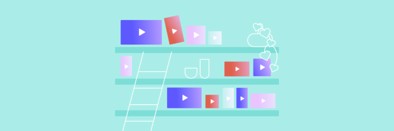 Abstract illustration of colorful play buttons with hearts on a mint green background, symbolizing social media or video content popularity.