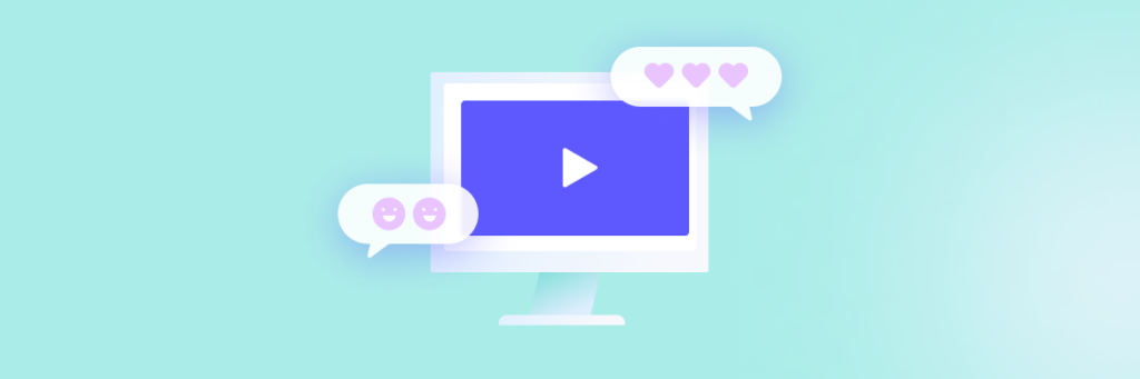 Graphic illustration of a computer screen displaying a play button, with comment and like icons in speech bubbles, representing online video engagement.
