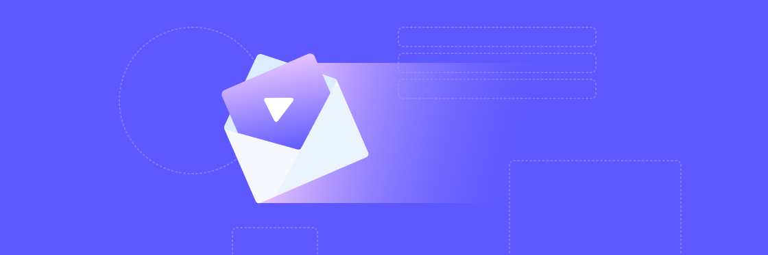 How to embed video in email for marketing success Abstract illustration featuring an envelope embedded with a video and a geometric animal logo on a purple background with design elements.