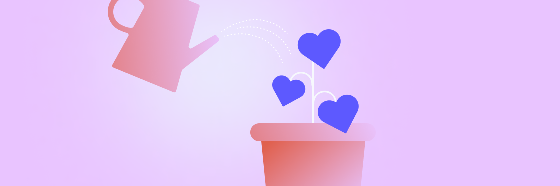 27. header fostering culture that cares A graphic illustration of a watering can tipping water over a flowerpot, with heart-shaped flowers symbolizing growth or love.