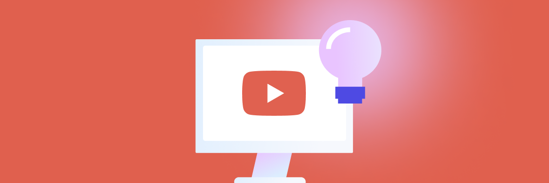 65 YouTube video ideas A graphic of a computer monitor displaying the youtube video ideas play button, with a lightbulb graphic to its right, all against a coral background.