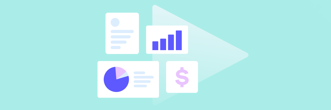 An easier way to present sales metrics Illustration of business and financial analysis icons, including a document, bar chart, pie chart, and dollar sign.