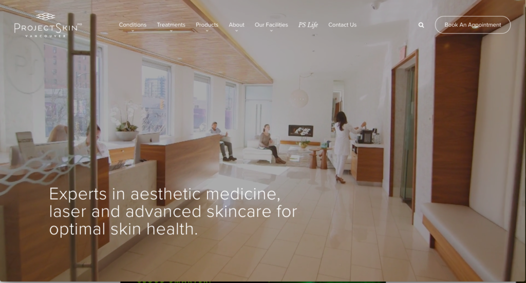 A modern skincare clinic reception area with clients and staff, promoting expertise in aesthetic medicine and skincare.