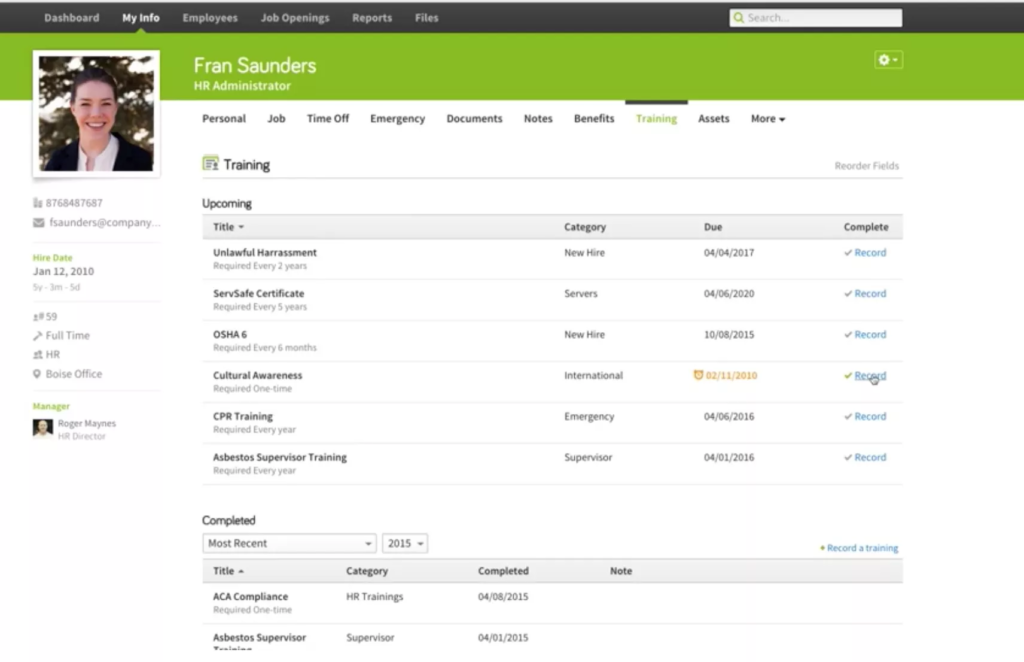 A screenshot of an employee training dashboard showing completed and upcoming training modules for a user named fran saunders.