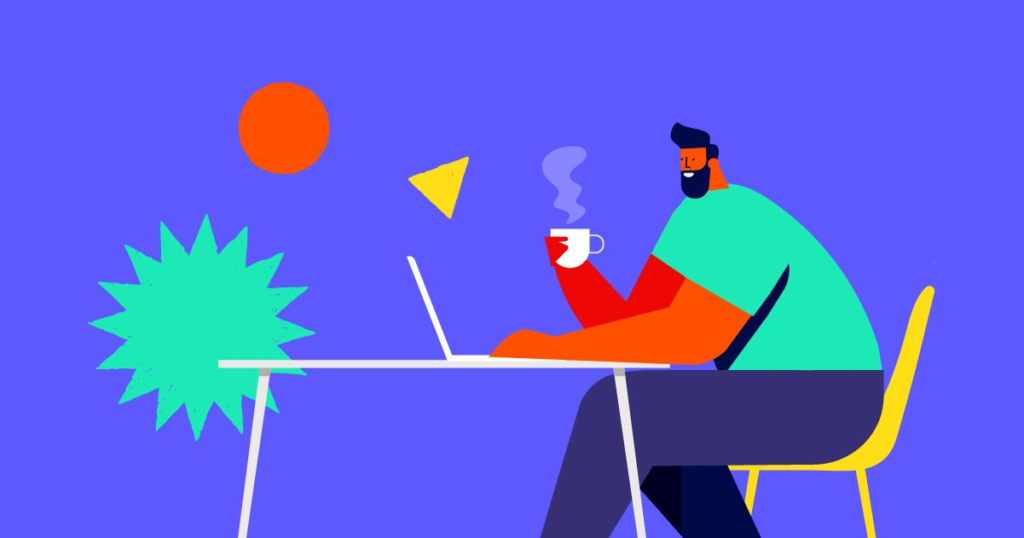 A person working on a laptop while holding a mug, with abstract shapes floating above the table on a purple background.