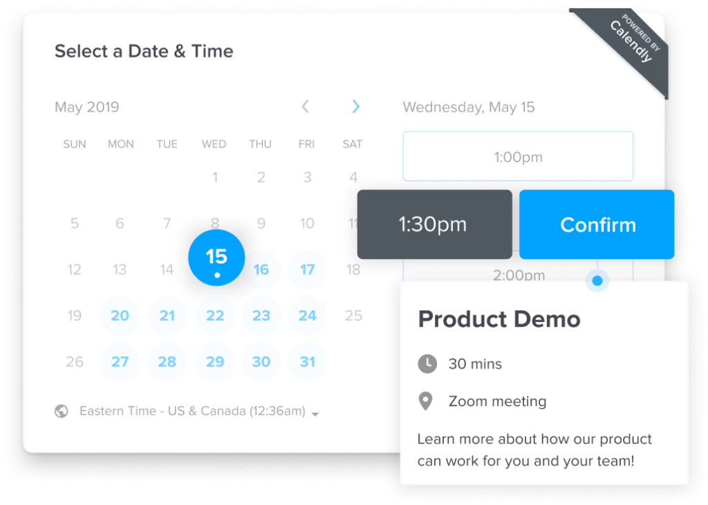 Online scheduling interface showing a user selecting a date and time for a product demo zoom meeting.