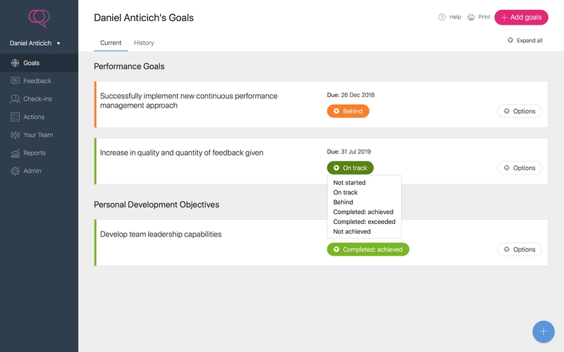 A screenshot of a goal management interface showing an individual's set performance goals with status indicators.