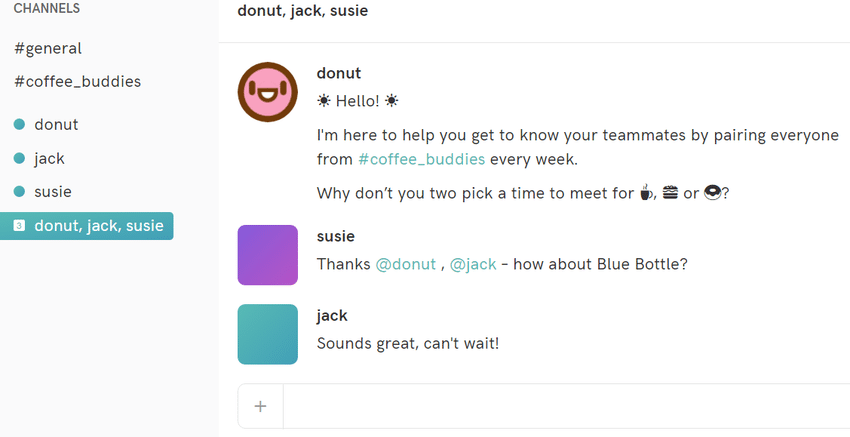 A screenshot of a slack conversation with a bot named donut facilitating a meet-up between team members in a channel named "donut_susie.