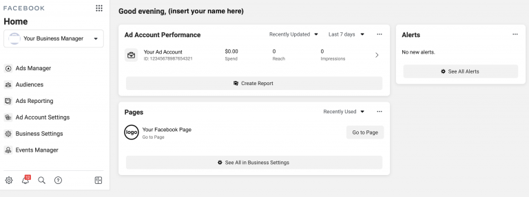 Facebook business manager dashboard with no recent activity displayed.