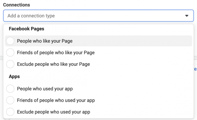 Screenshot of a social media advertising interface showing options to target ads based on connections to facebook pages and apps.