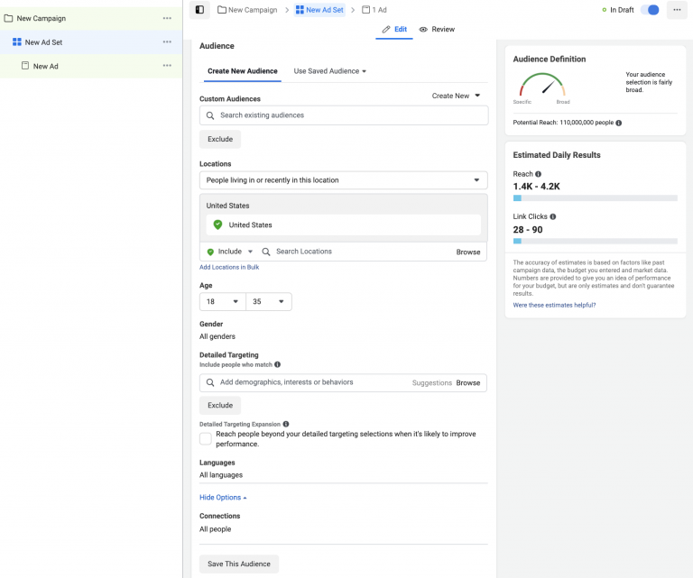 Screenshot of a digital advertising platform interface with options for creating a new advertisement set, including audience targeting and estimated daily reach graph.