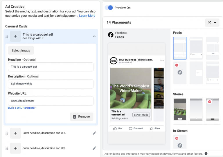 Screenshot of a social media advertising creation interface with options for ad customization and ad placement preview.