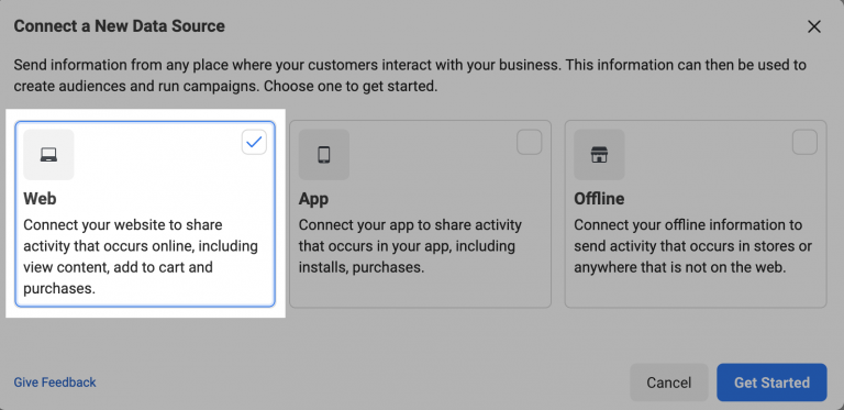 Screenshot of a user interface for connecting a new data source, offering options to integrate web, app, or offline activity.