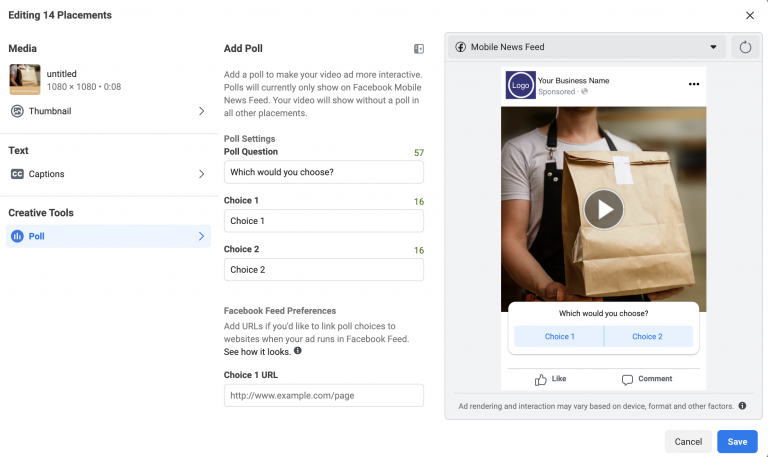 Screenshot of a social media advertisement editing interface with a focus on creating a poll within a sponsored post.