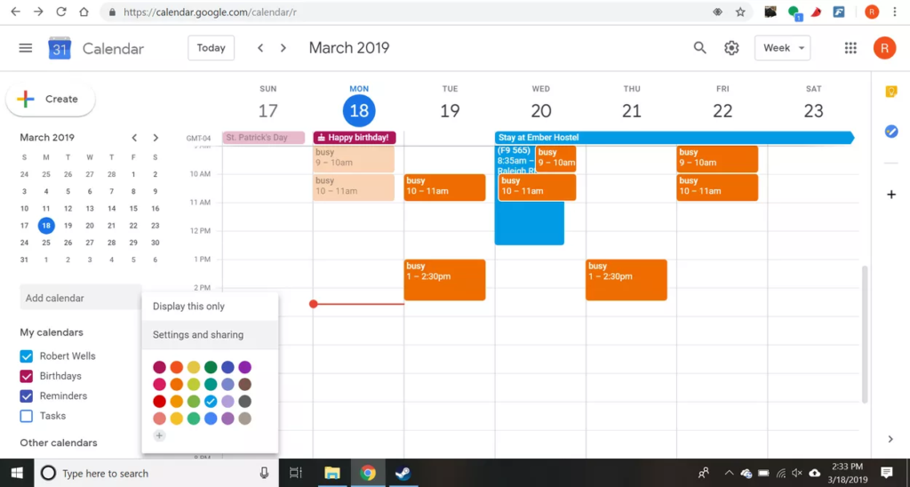 A screenshot of a digital calendar with various events scheduled, viewed on a computer screen.
