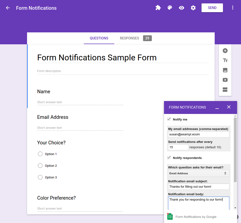 Screenshot of a computer interface for setting up form notifications in a web-based form builder application.