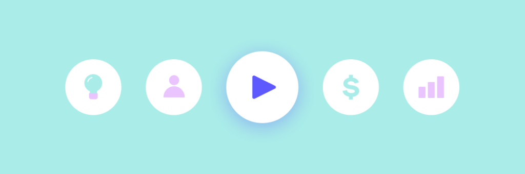 An array of flat design icons symbolizing ideas, user profile, multimedia, finance, and growth on a pastel background.