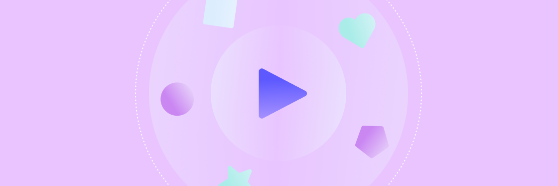 How to include diversity in your internal comms videos Abstract graphic with a play button surrounded by various shapes on a purple background.