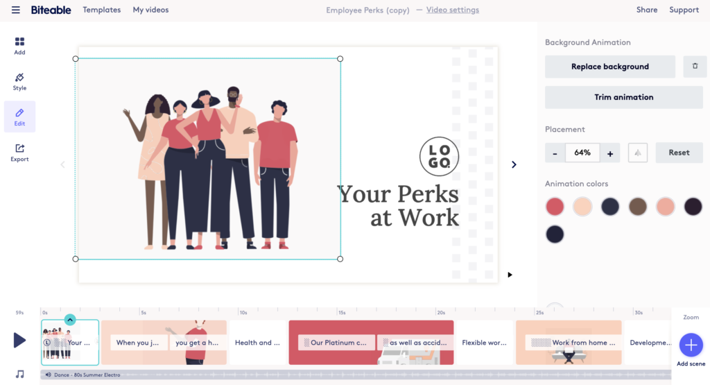 A graphic design interface showing an editable template with an illustration of coworkers engaging and text reading "your perks at work.