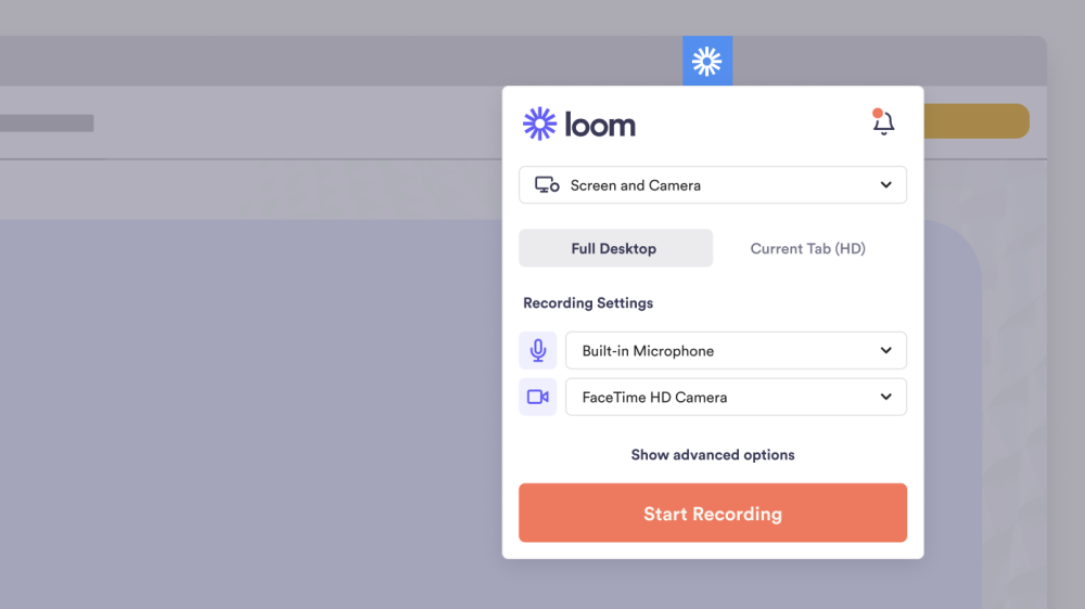 User interface of the loom screen recording software with options for selecting recording type and audio input before starting a recording.