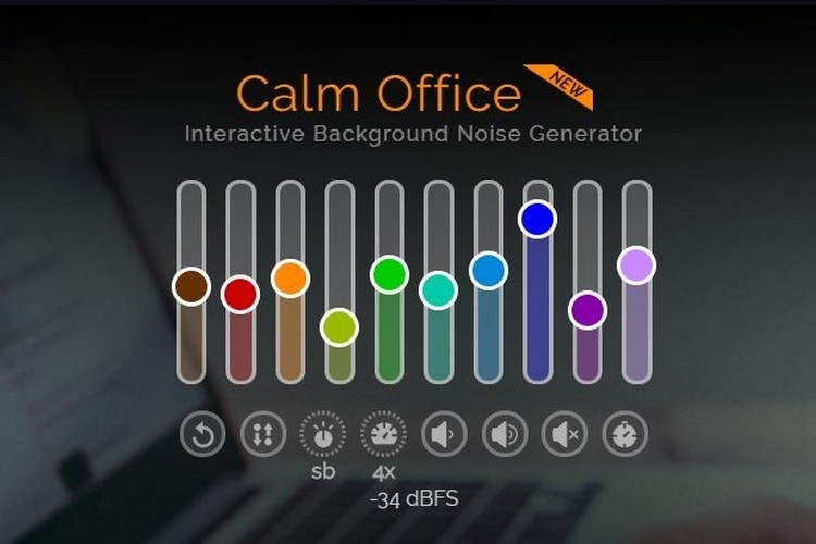 Interface of a "calm office" interactive background noise generator application with adjustable sound sliders.