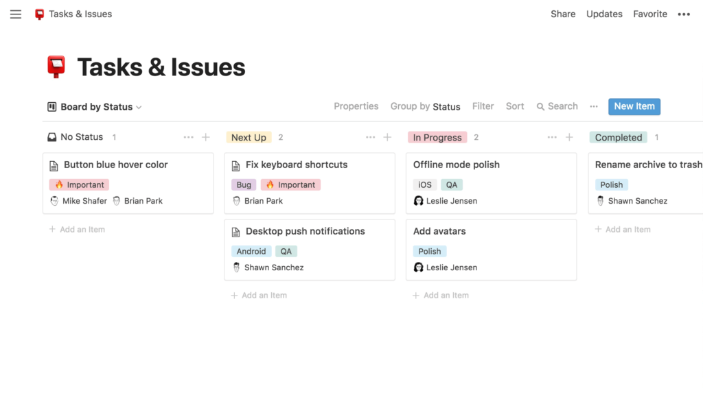 A screenshot of a task management application interface with tasks sorted by status in columns labeled "no status," "in progress," and "completed.