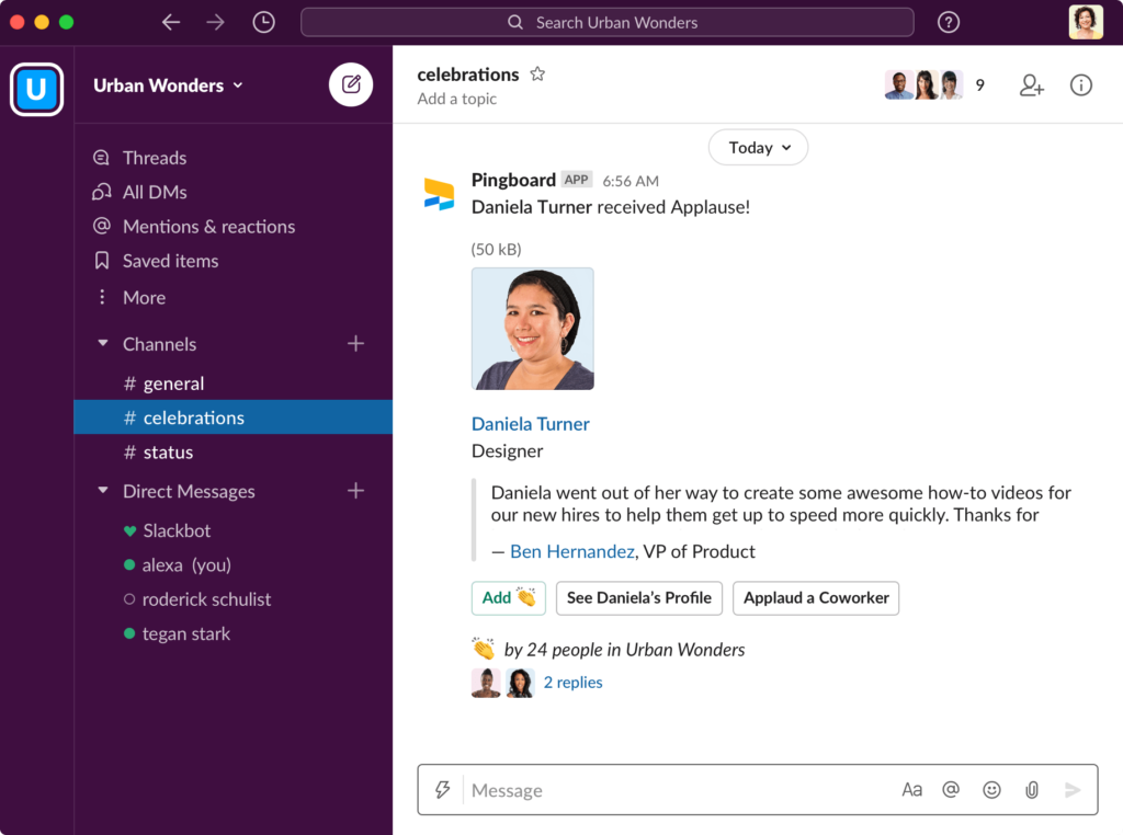 A screenshot of a messaging application interface showing an appreciation message for daniela turner alongside her photo.