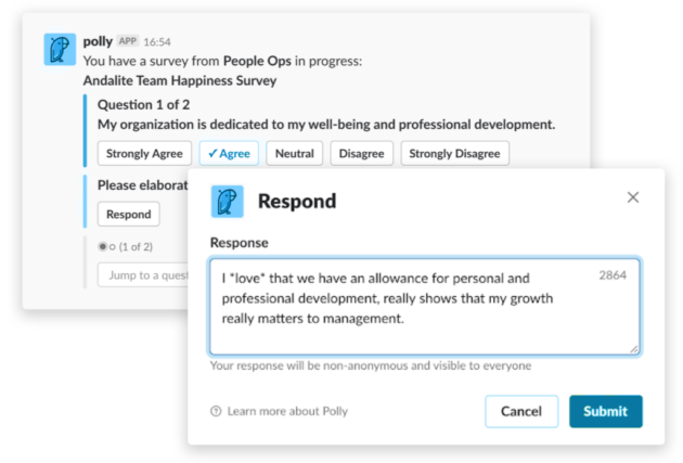 An employee engagement survey question displayed on a screen with a respondent providing a positive feedback comment.
