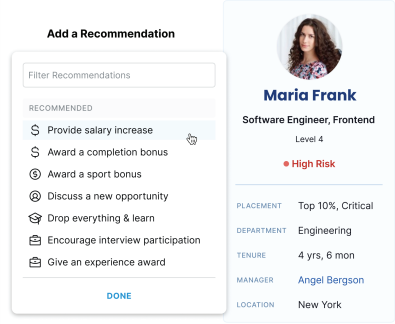 Human resources interface showing employee profile, performance metrics, and recommendations for maria frank, a software engineer.