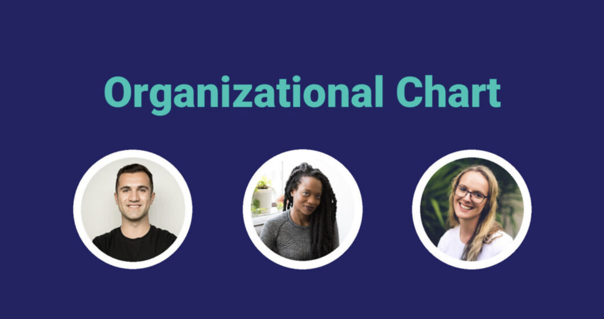 Three employee portraits displayed under the heading "organizational chart".