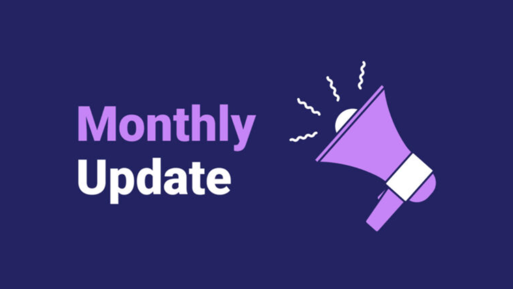 Announcement megaphone icon with the text 'monthly update' on a purple background.