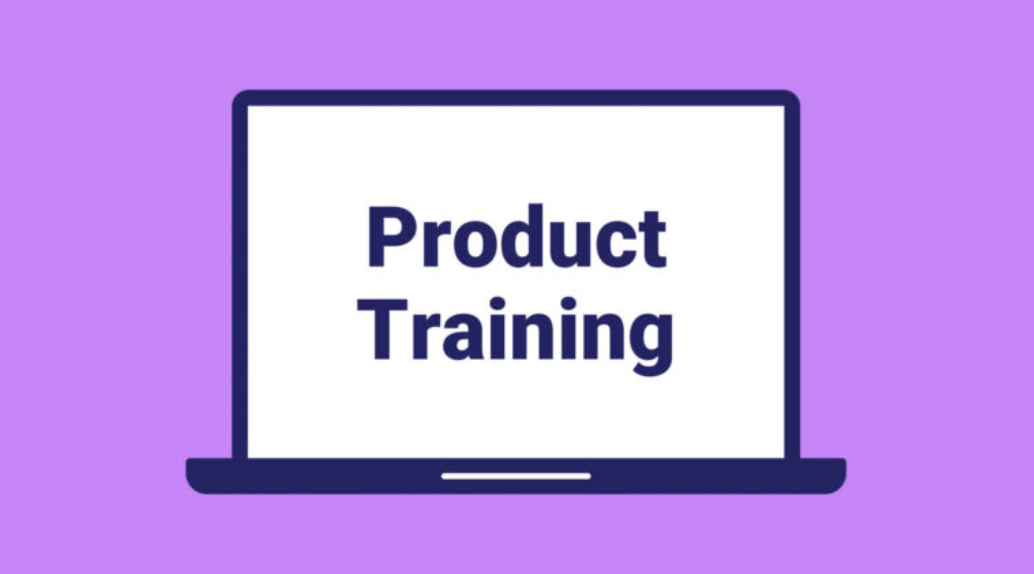 A laptop with the words "product training" displayed on its screen.