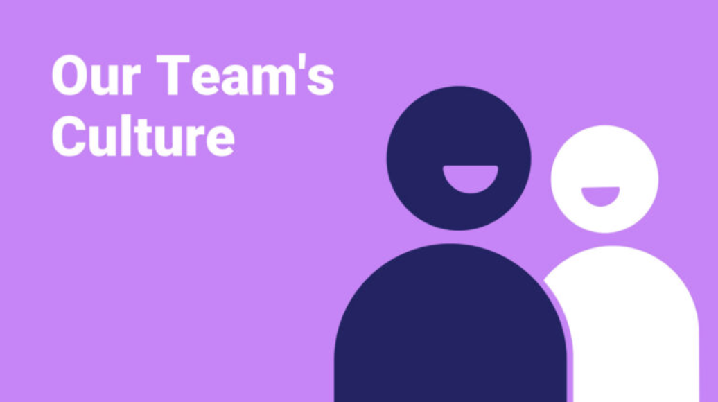 Graphic illustration of two abstract figures against a purple background with the text "our team's culture.