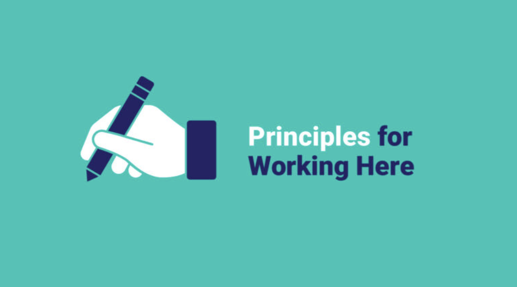 A graphic of a hand holding a pencil next to the text "principles for working here" on a teal background.