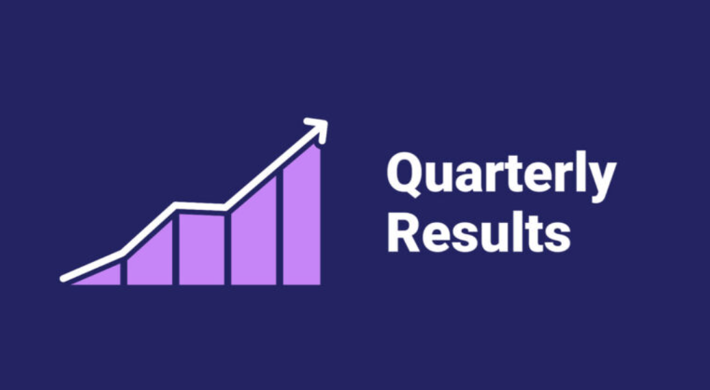 Graph depicting upward trend alongside text "quarterly results" on a purple background.