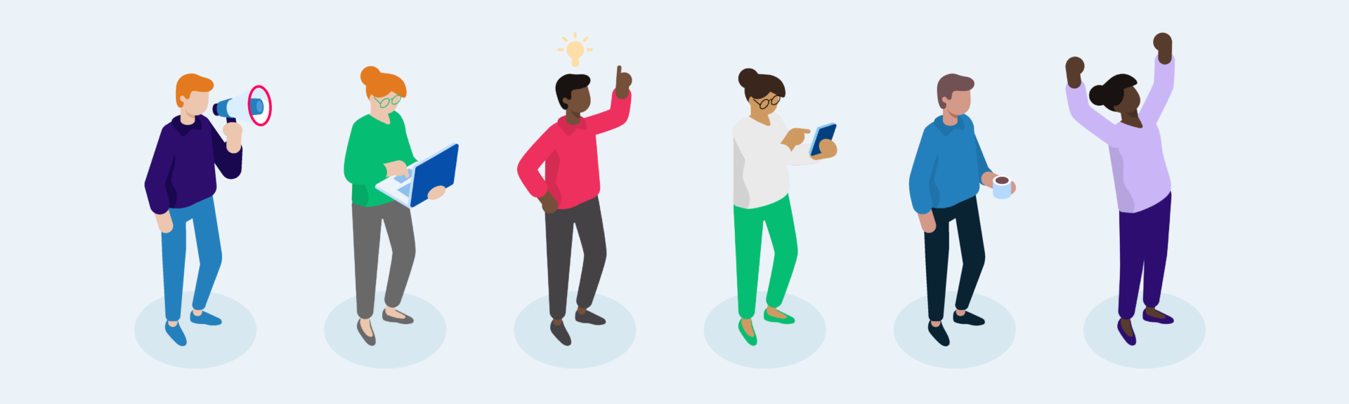 ServicePeopleStack-BlogCover Illustration of six diverse characters engaged in various activities, such as using a mobile phone, holding documents, and gesturing ideas.