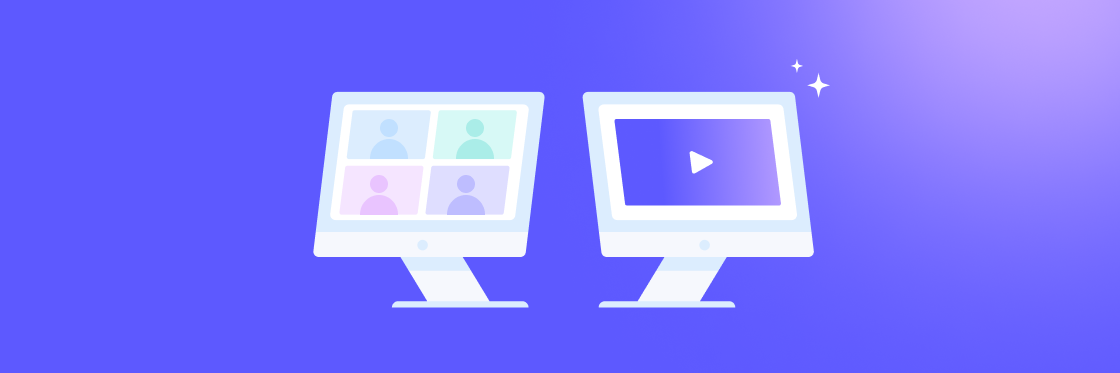Two computer monitors, one displaying a video call interface and the other showing a media player with a play button.